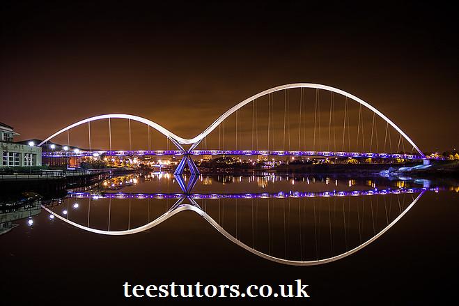 Image showing the River Tees spanned by the Infinity Bridge with the teesturors for personal tuition logo on a page for guitar lessons