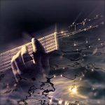 Image showing a close up of a smal lsection of a guitar superimposed against a watery background on a page for guitar lessons